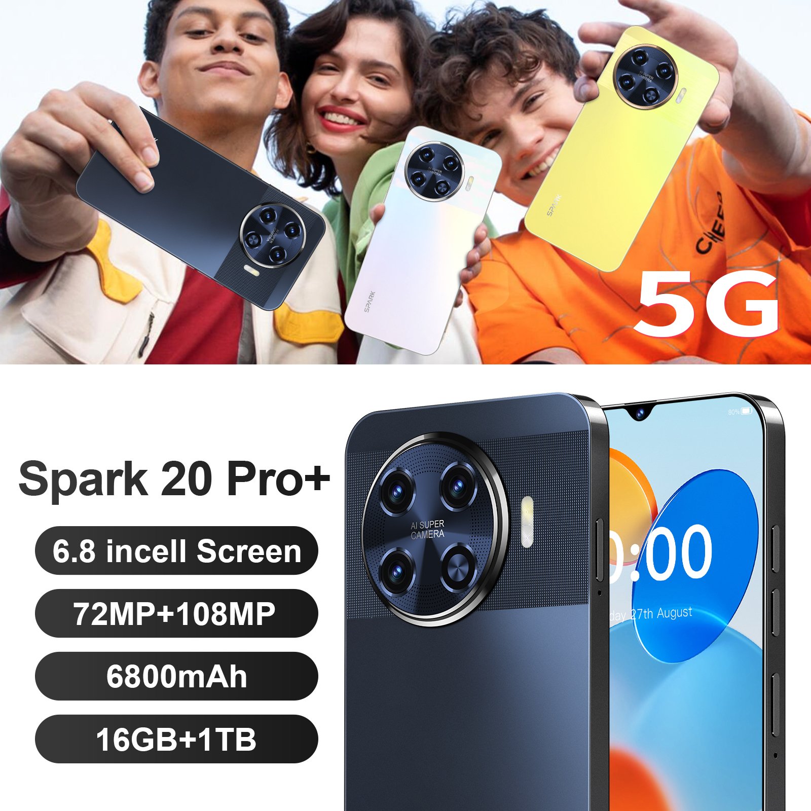 OEM /ODM Spark 20 Pro+ Spark20 Pro 7.3 inch 16GB +1TB Mobile Phones Beauty Camera High Volume Big Battery